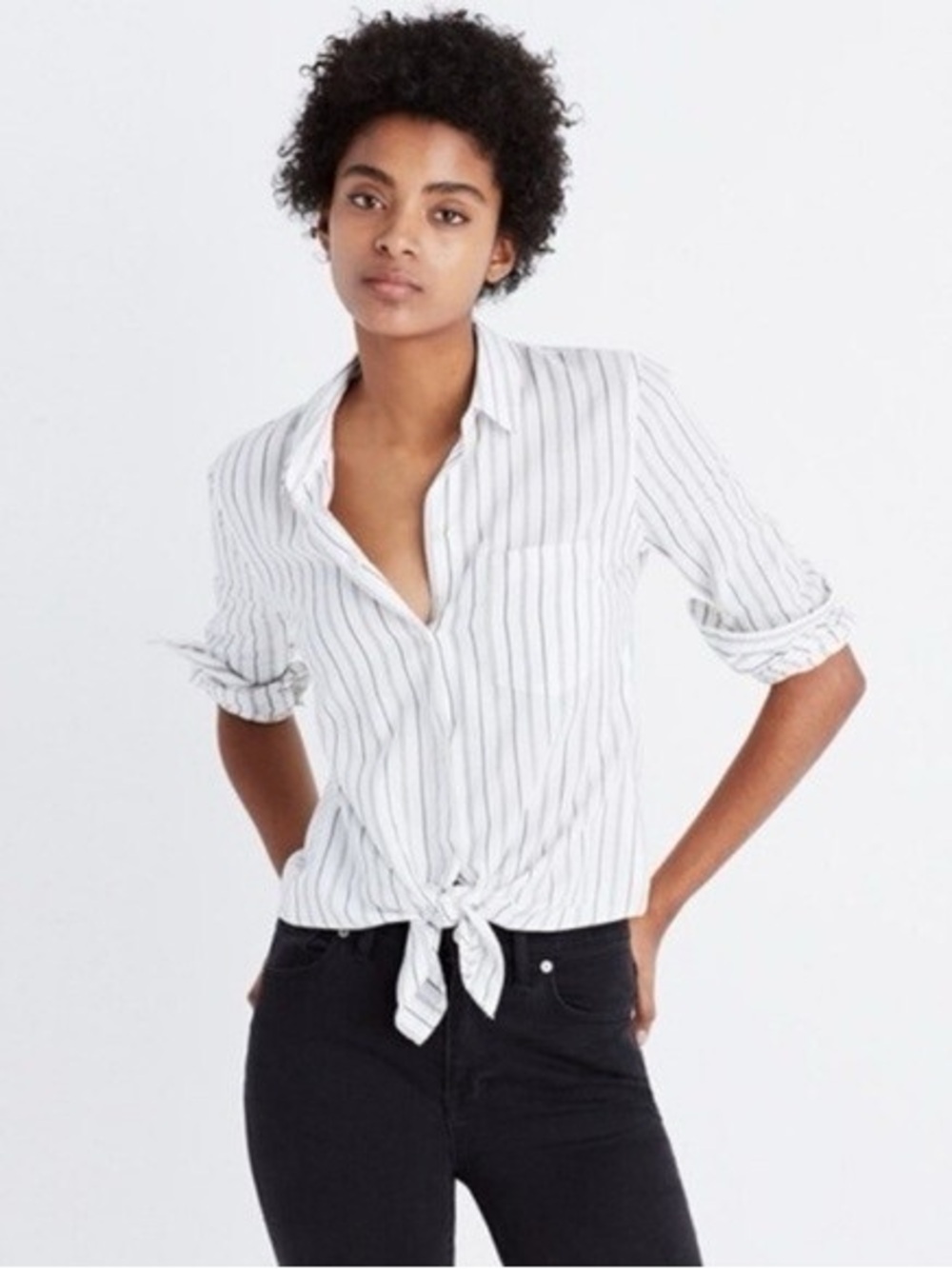 Madewell Striped Button-Up Shirt - White with Black Stripes